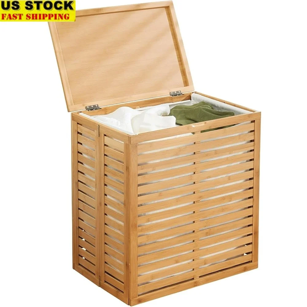 

Bamboo Foldable Laundry Basket with Removable Liner Large Capacity Collapsible Hamper Storage Organizer Home Utility Room