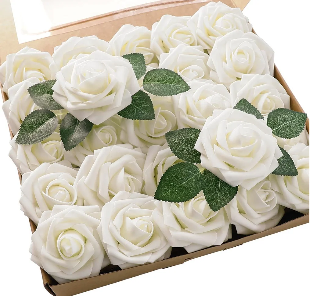 Artificial Flowers 25pcs Real Looking Ivory Foam Fake Roses with Stems for DIY Wedding Bouquets White Bridal Shower Centerpieces