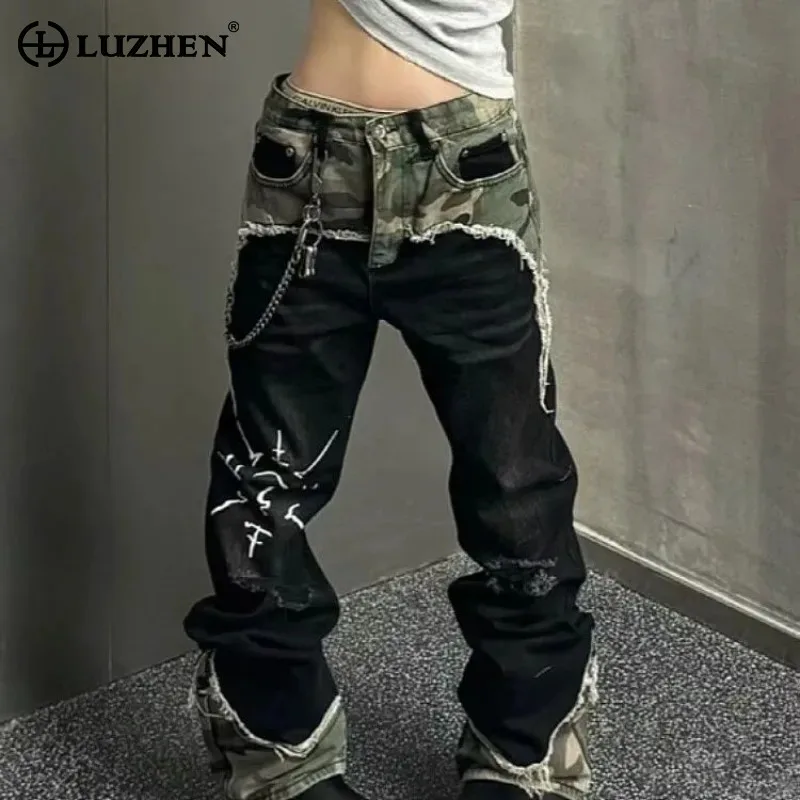 LUZHEN Original Personalized High Street Camouflage Printed Splicing Design Slim Denim Pants Men's 2025 New Trendy Jeans JY2812