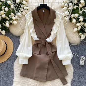 Vintage Çentikli Boyun Zarif Uzun Kollu Şık Kuşaklar İnce A-line Kısa Elbise Fransız Moda Akşam Yüksek Sokak Sonbahar Giyim