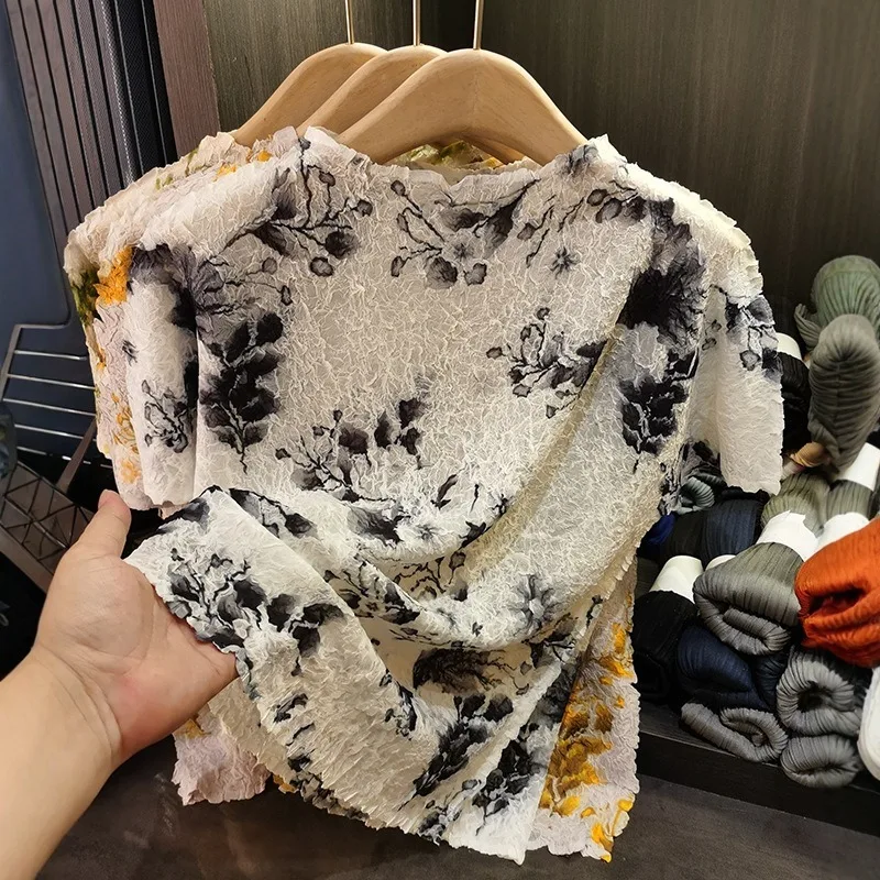 

Miyake Wind, новая летняя футболка, свободная повседневная универсальная футболка с принтом тай-дай, тонкая эластичная плиссированная блузка с короткими рукавами, женская