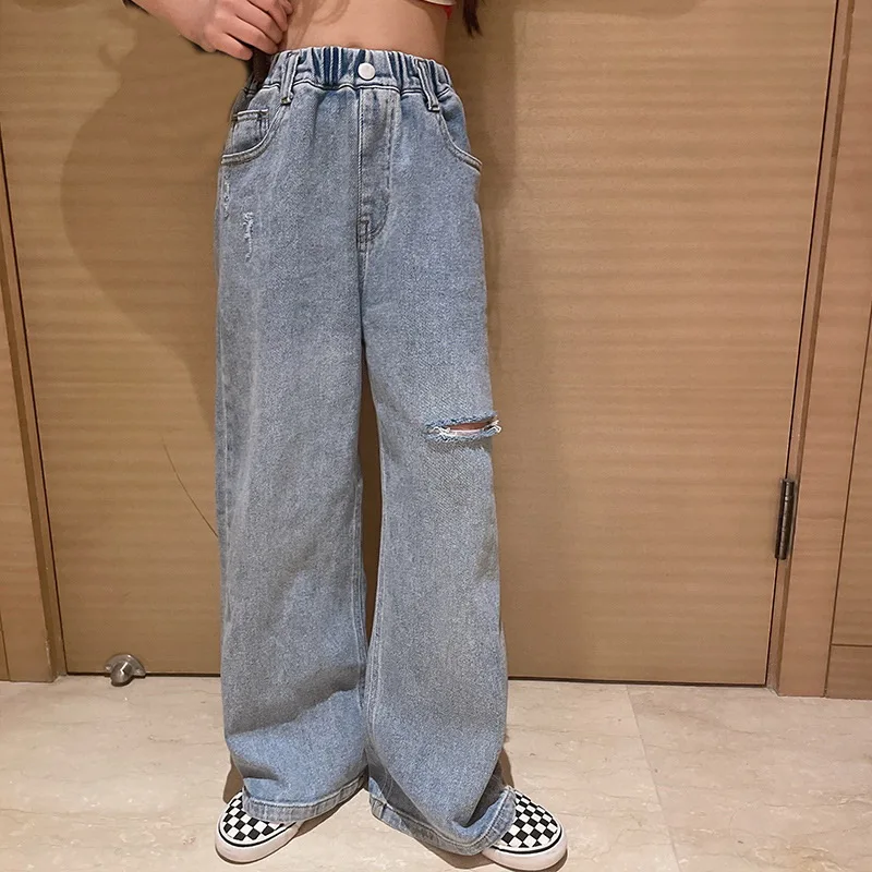 Teenage Girls Jeans 2024 Spring Fall Casual Fashion Loose Ripped Hole Kids Retro Korea Pants School Children Trousers 6 8 10 12Y