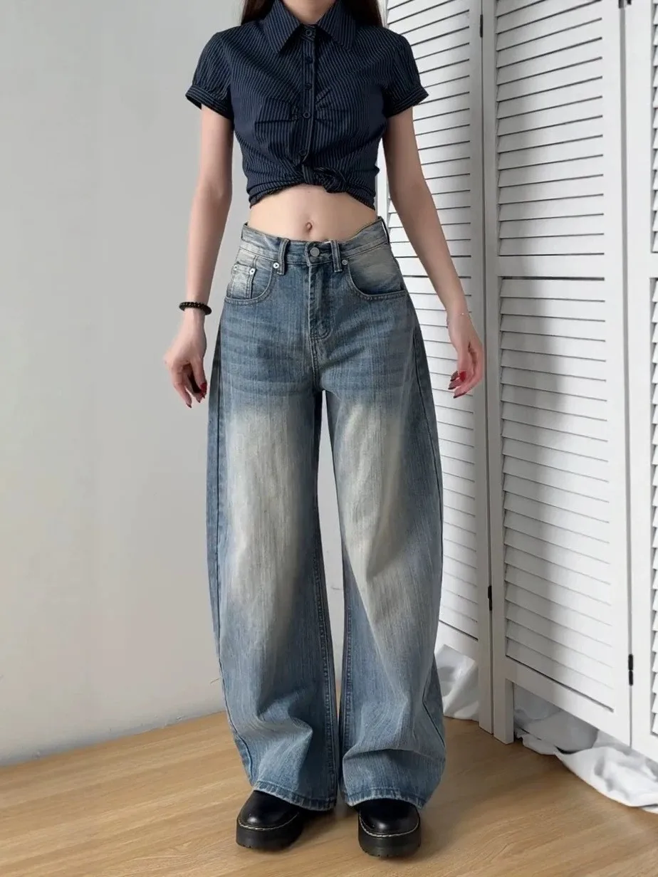 High Waist Wide Leg Denim Jeans Women Loose Fit Blue Washed Bamboo Texture Straight Cut Slimming Versatile Casual Trousers