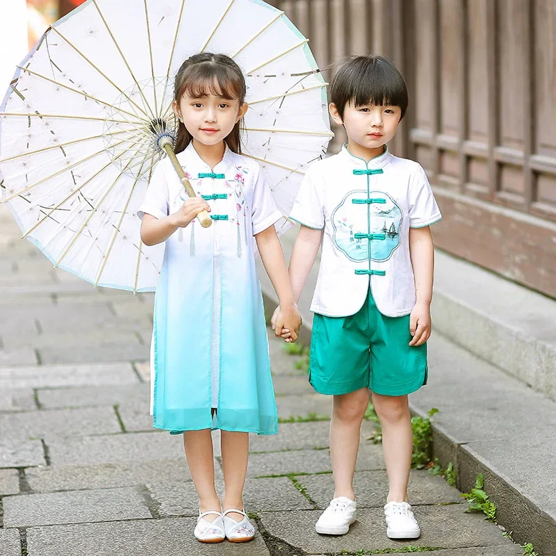 

Boy And Girl Summer Chinese Style Vintage Button Hanfu Children Oriental Traditional Two Piece Suit Performance Role Play Dress