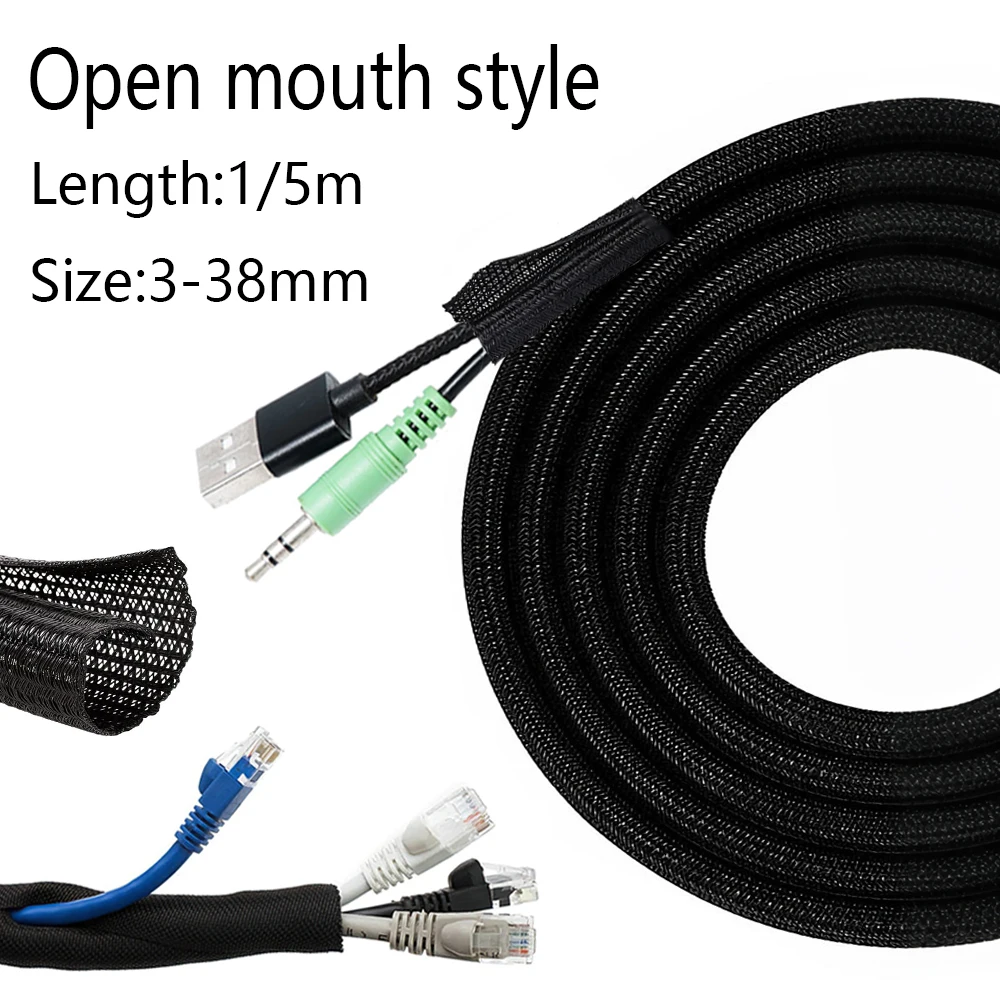 Manchon de câble extensible tressé de 1/2/4m, 1/5mm, 3-38mm, Flexible, auto-fermé, isolé, protecteur de ligne de Tube, organisateur de fil