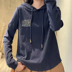 Women's Vintage Autumn Winter Solid Color Hooded Drawstring Printing Long Sleeve Underlay All-match Casual Pullover Hoodies Tops