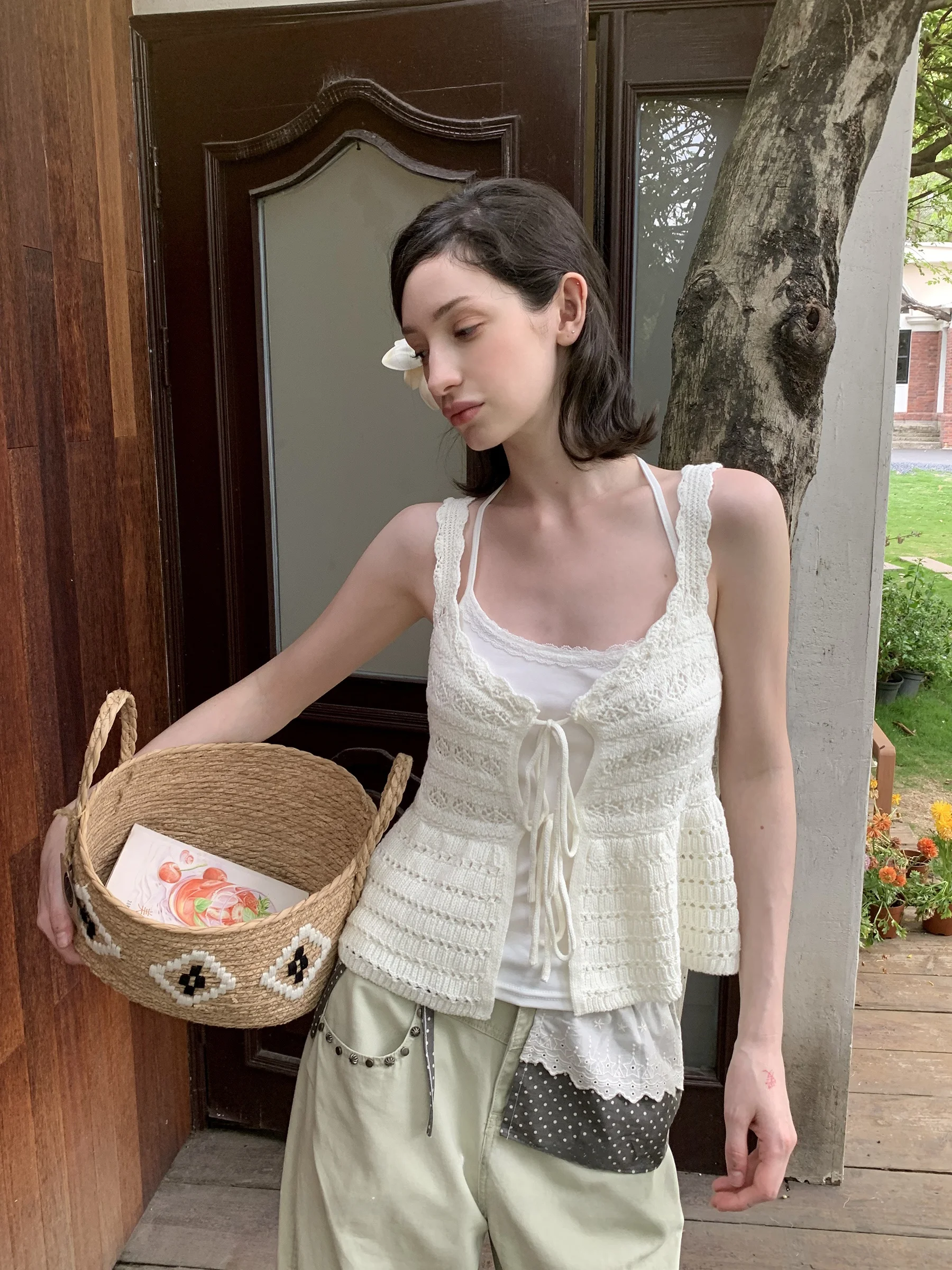 

JDE Women's Knitted Open Cardigan Sweater Set Summer Base Layer Inner Wear Two-Piece Set V-Neck Sleeveless Slim Fit Cotton Blend