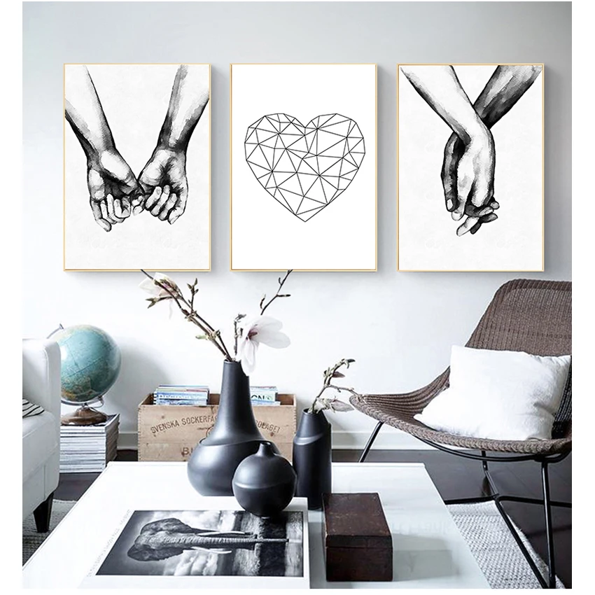 Print Nordic Wall Pictures For Living Room Love Poster Couple Holding Hands Painting Black And White Wall Art Canvas Minimalist