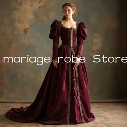 Burgundy Velvet Victorian Tudor Prom Dresses Flowing Sleeve Crochet Lace Corset Regal Medieval Evening Gown Customsized