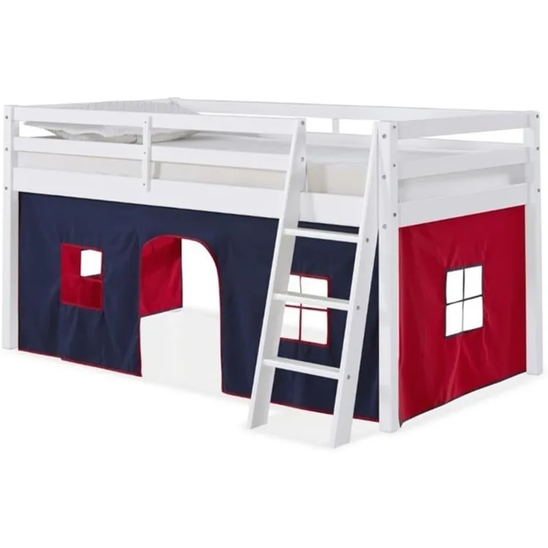 Furniture Twin Wood Junior Loft Bed for Kids with Removable Blue/Red Tent - Multifunctional Bunk Bed, Sturdy Frame, Safe Design