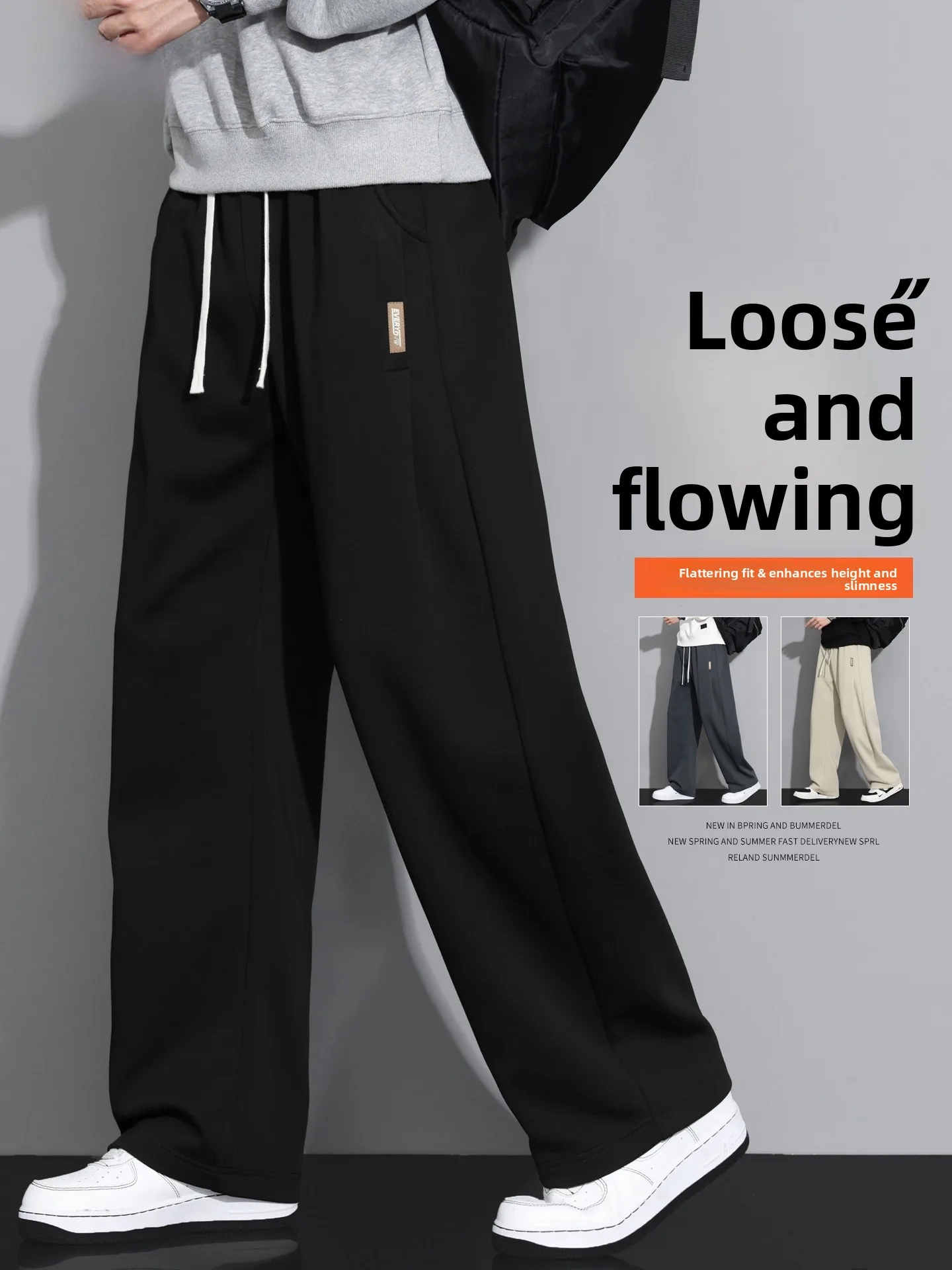 

Casual Black Men's Pants Spring Autumn Loose Straight Leg Draped Lazy Loose Feel Knife Sweatpants Youthful Vitality Style