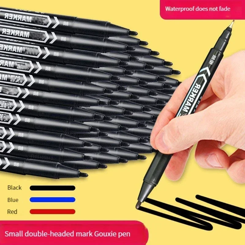 6/12pc Set Waterproof Oily Color Double Tip Permanent Markers Fine Tip Thick Tip Black Ink Drawing Pens Supplies Stationary