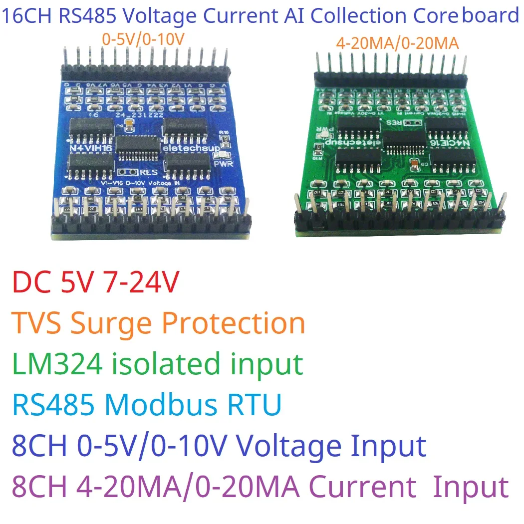 

16AI 0-5V 0-10V 4-20MA 0-20MA Current/Voltage Analog Acquisition RS485 Modbus RTU ADC Module DC 5V 12V 24V mini PinBoard