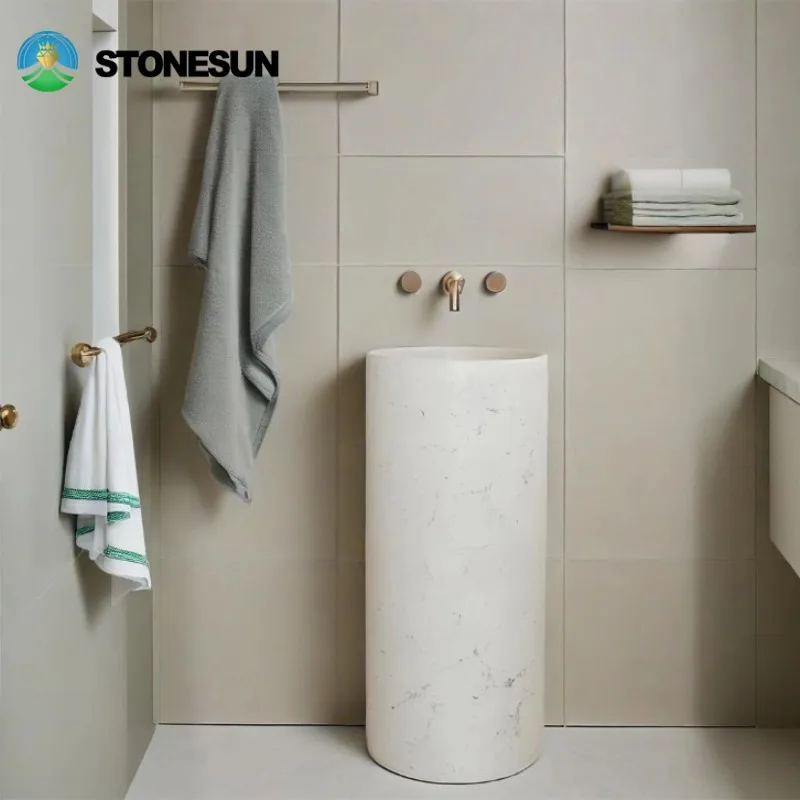 

StoneSun Customized Natural White Pedestal Round Fluted Bathroom Sink White Marble Freestanding Basin For Bathroom