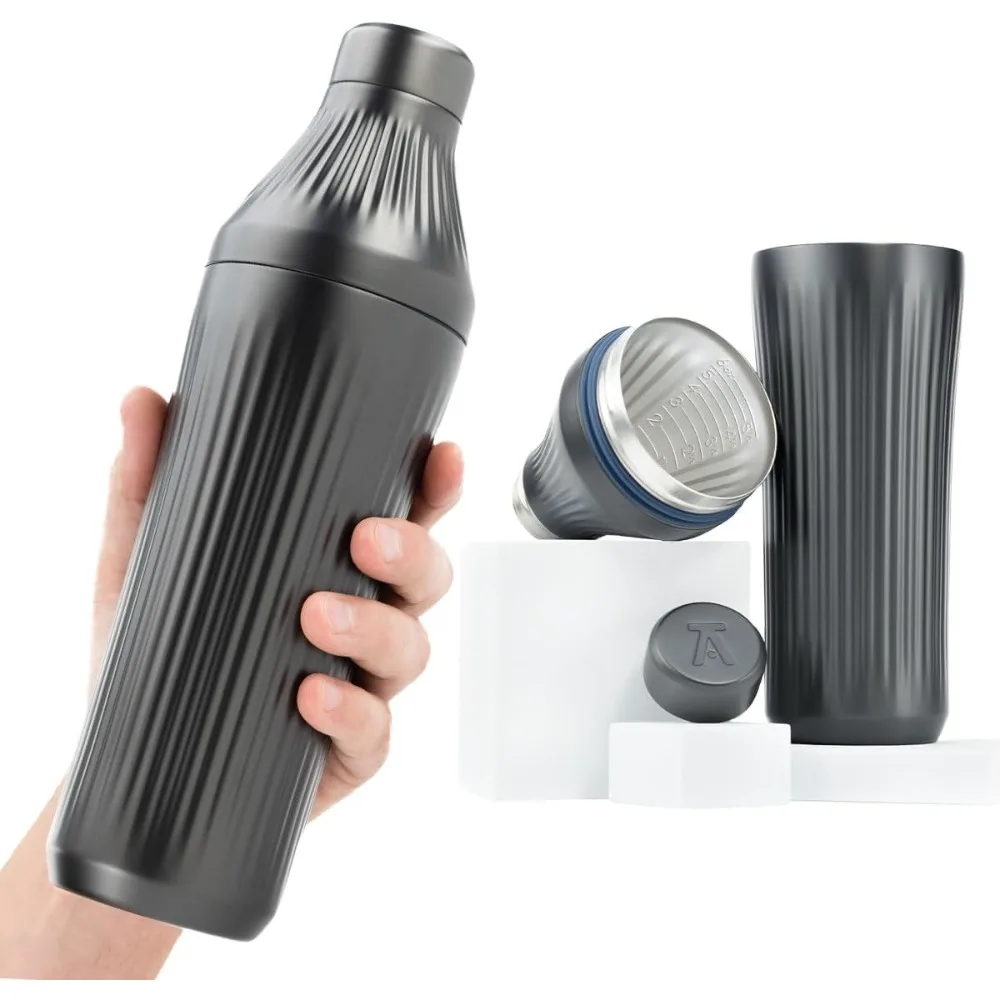 

diamond edition hybrid cocktail shaker set - premium vacuum insulated gunmetal black, 28 oz, includes built-in strainer, precis