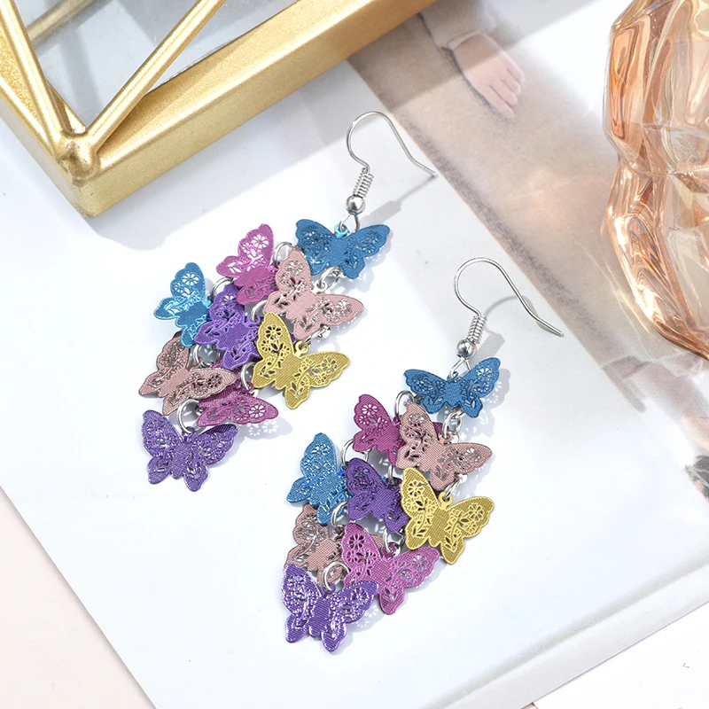 Cute Multilayer Colorful Butterfly Earrings For Women Hollow Geometric Butterflies Earrings Bohemian Long Drop Dangle Jewelry