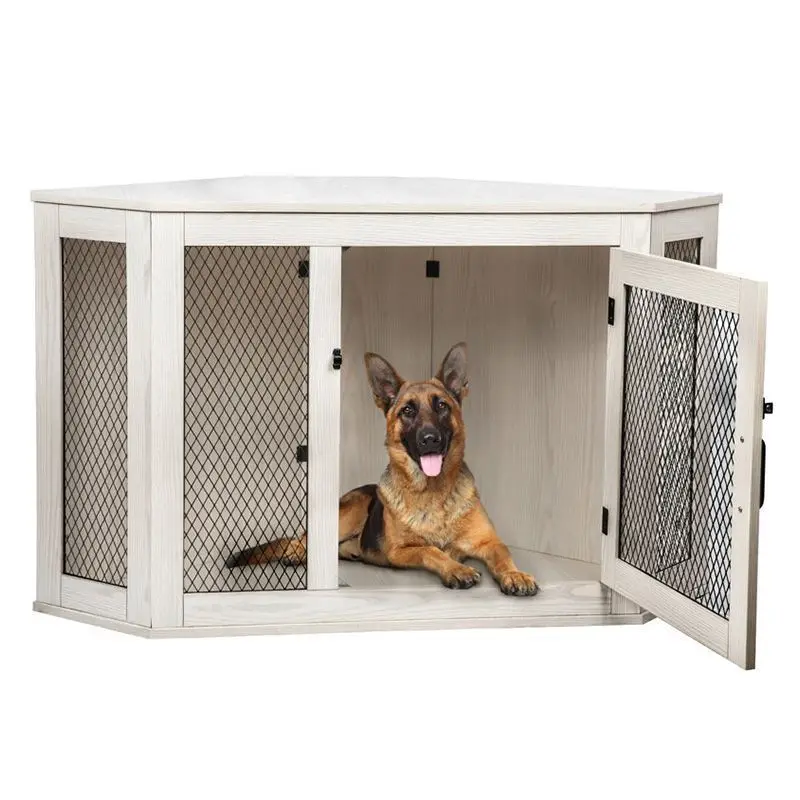 Nordic wind anti-bite corner pet table steel and wood pet cage corner design metal grid door dog cage