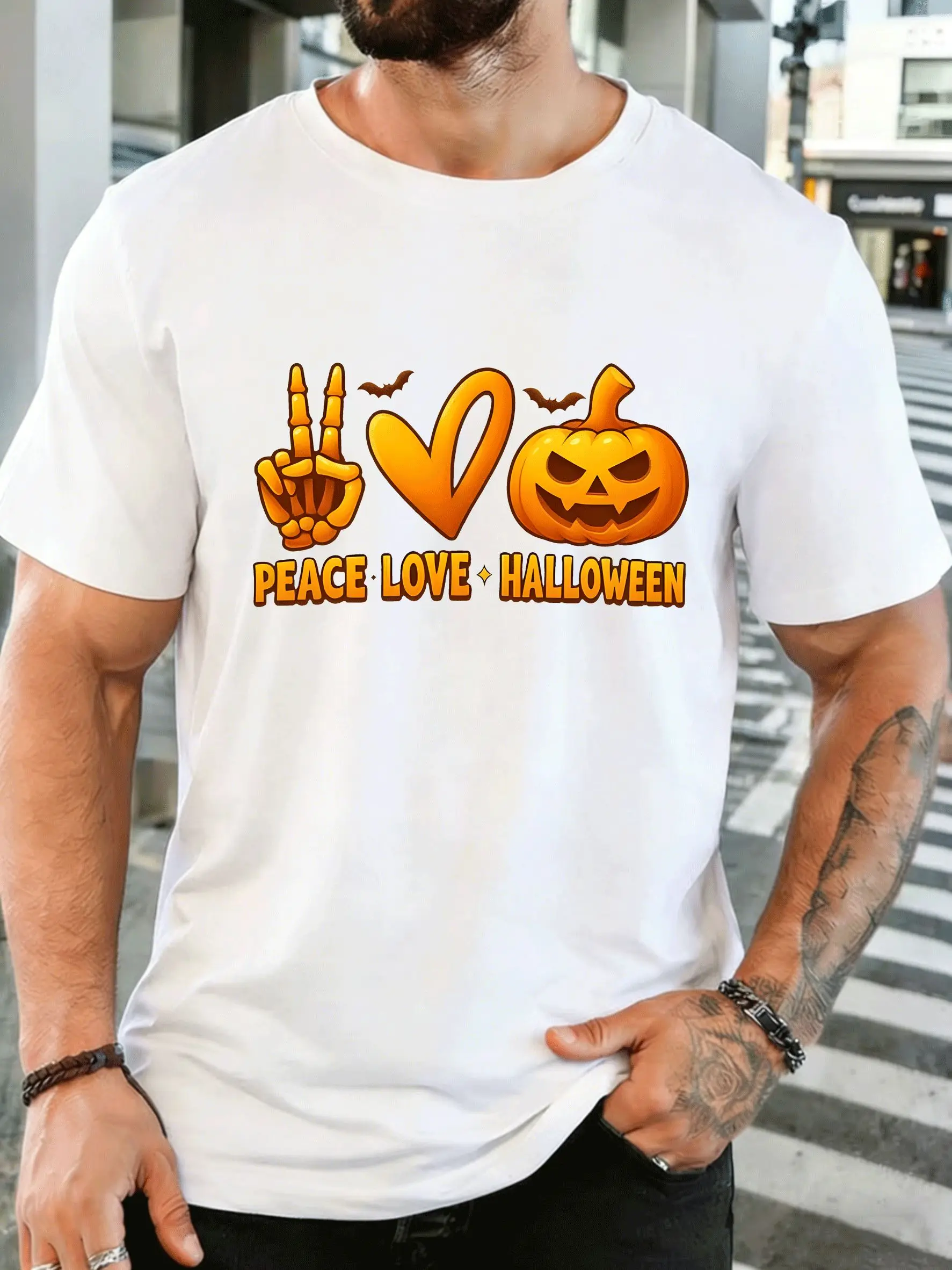 Men Short Sleeve T Shirt Peace Love Halloween Graphic Tee Pumpkin Print Top Summer Soft Cotton Casual Street Wear For Adult Male