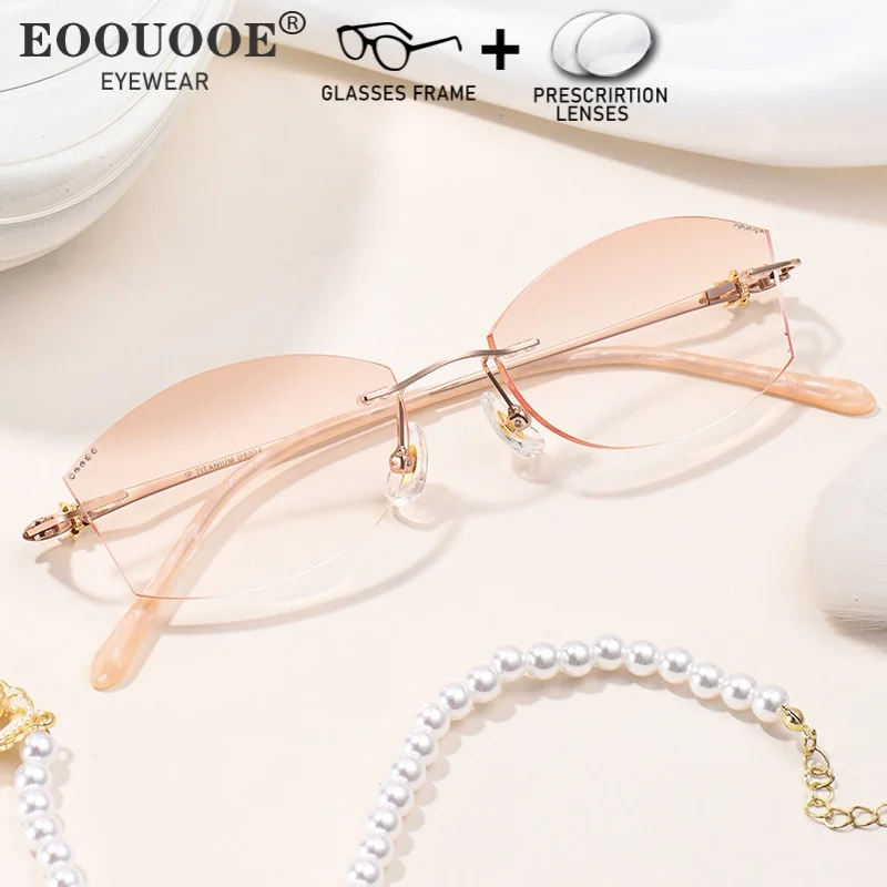 Women Rimless Glasses Diamond Fashion Dyeing Color Lenses MR-8 Scratch-Resistant Prescription Recipe Anti Reflection Progressive