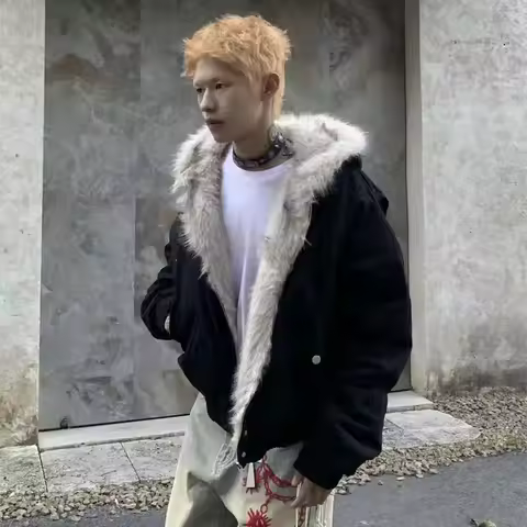 Winter Warm Clothing Men Women Retro Simple Plush Coat Sportswear New Loose Hooded Cotton Jacket Punk Fur Collar Jacket Couple