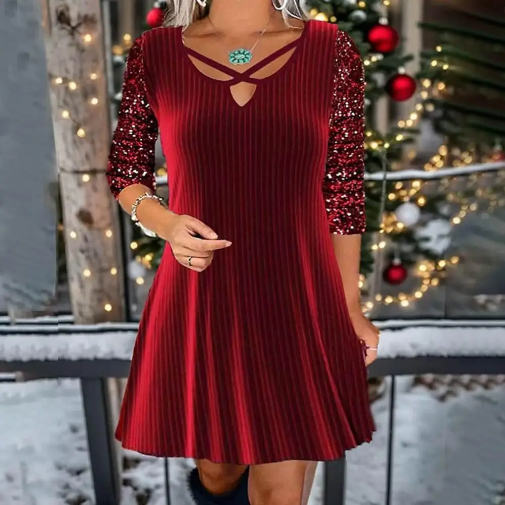 Fall Winter Women Dress V Neck Shiny Sequin Long Sleeve Dress A-line Loose Hem Hollow Out Vintage Prom Party Mini Dress