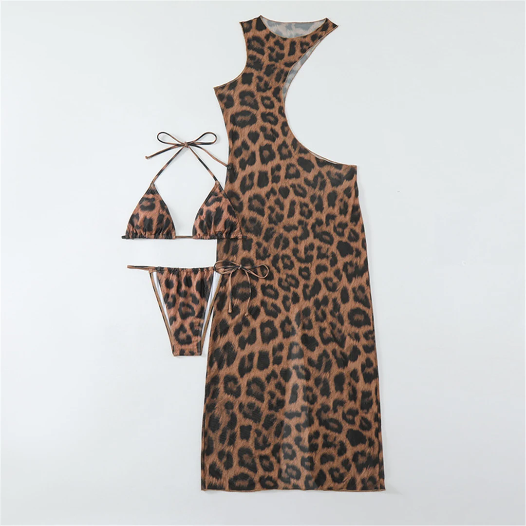 XS - XL Neckholder-Bikini mit Leopardenmuster und passendem Überwurf, Damen-Badeanzug, dreiteiliges Bikini-Set, Badebekleidung, Badeanzug, Modell V5452 – Detail 13