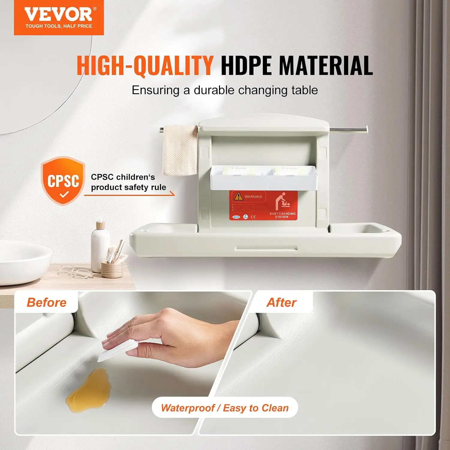 VEVOR Wall-Mounted Baby Changing Station, Horizontal Foldable Diaper Change Table with Safety Straps and Hanging Rods, Use in Co
