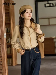 MISHOW Women Shirt Contrast Color Lapel Outwear 2024 Autumn Arrival Vintage Splicing Cuffs Shirts Loose Casual Tops MXD45C0342