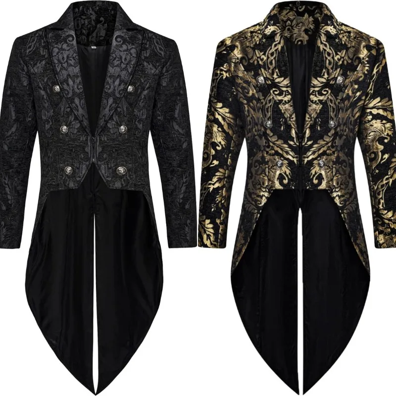 Men's Gothic Tuxedo Jacketvintage Jacquard Mid-length Suit,vampire Dress Stage Costume,suitable for Performance and Role-playing