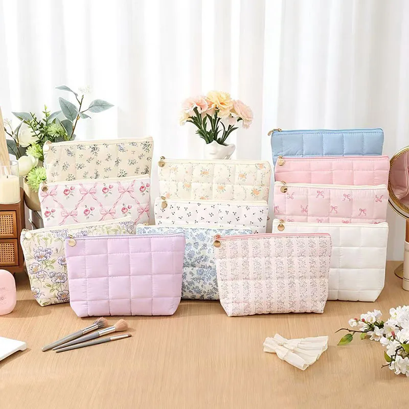 New Floral Print Quilted Cosmetic Bag for Women Female Large Capacity Hand Fashion Ruffle Travel Toiletry Storage Wash Pouch