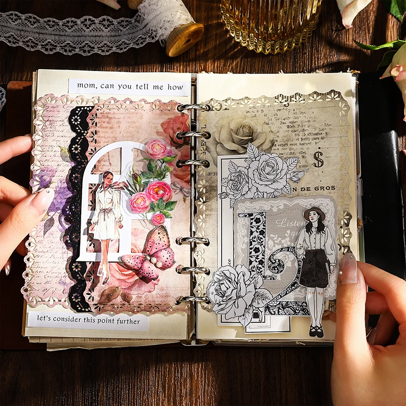 10 Sheets Vintage Rose Lace Lace Lace paper Diy Diary Decoration Plant Flower INS Sticker Album Scrapbooking Kawaii Stationery