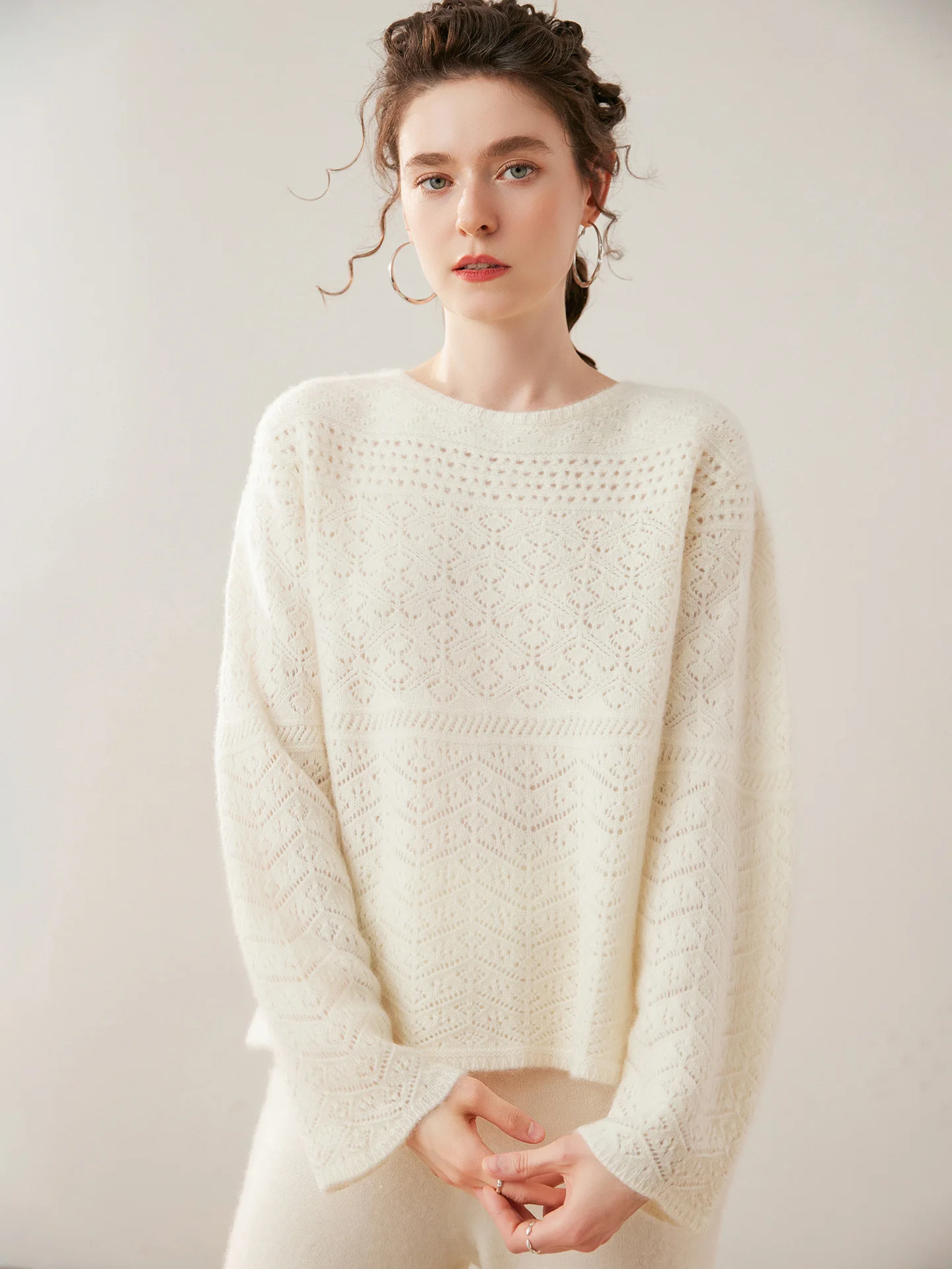 MEELEX Women O-neck Hollow-out 100% Cashmere Sweater Autumn Winter Knitted Warm Pullover Tops New Casual Soft Loose Woman Blouse