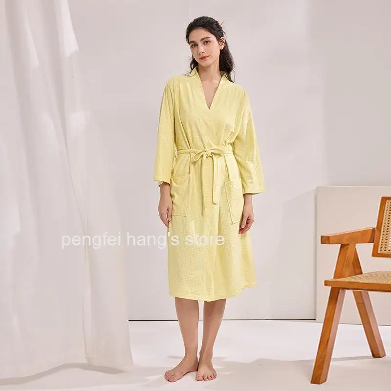 Men Women Couples Waffle Bathrobe, Summer Thin Lightweight Absorbent 3/4 Sleeve Mid Length Robe Casual Home Loungewear