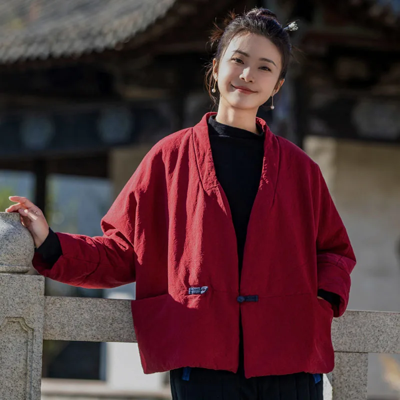 

Текстурированная хлопковая конопляная куртка с v-образным вырезом Hanfu, свободная хлопковая стеганая куртка, женское китайское хлопковое короткое пальто на одной пуговице большого размера с зажимом, зимнее