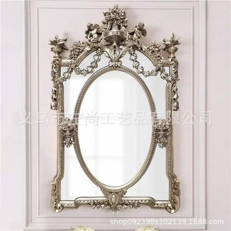 Carved Wall Mounted Mirror Retro Decorative Entrance Mirror Nordic Style Bathroom Mirror Fireplace Decoration
