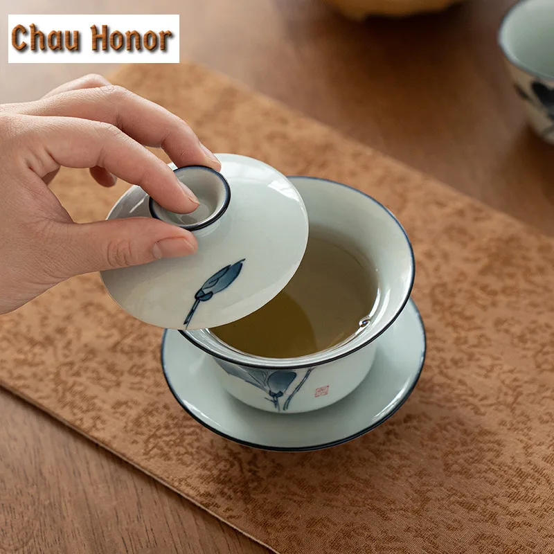 160ml Antique Hand Painted Blue And White Sancai Gaiwan Large Tea Cup Handmade Kung Fu Hand Grasping Ceramic Tea Maker Bowl Gift