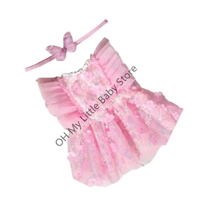 

M76C Infant Photography Costume Set, 2Pcs Pink Tulle Romper Photography Dress and Lovely Butterfly Headband Headdress