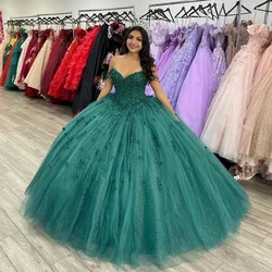 ANGELSBRIDEP Shiny Emerald Green Ball Gown Quinceanera Dresses Off-Shoulder 3D Flower Lace For 15th Birthday Party Customized