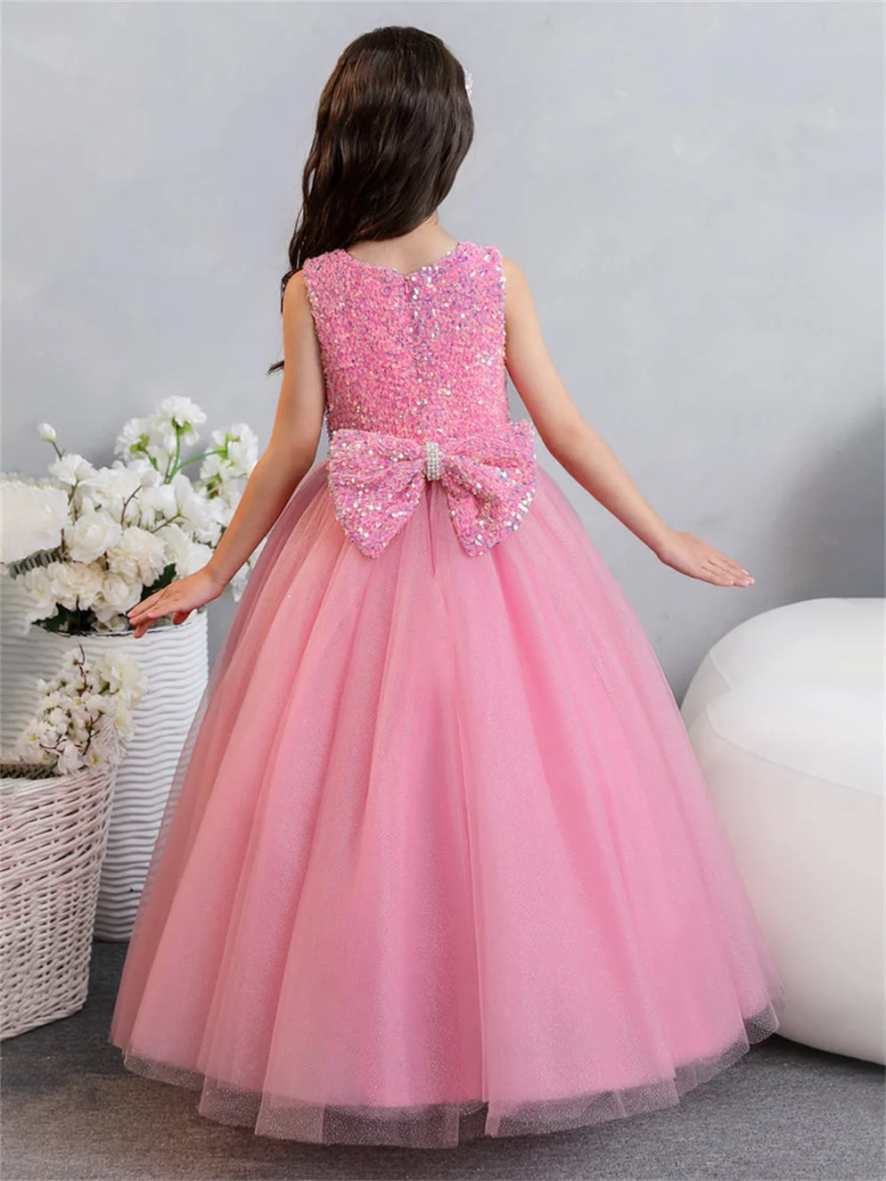 Shiyicey O-neck Sequins Bow Flower Girl Dress Cute Puffy Layered Tulle Princess Dresses for Girls Belt Ball Gowns for Wedding