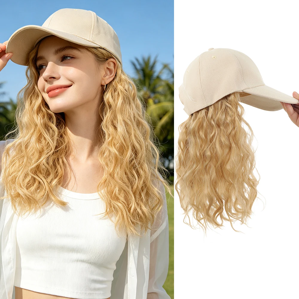 Benehair Baseball Cap with Hair Extensions 12inch Wavy Curly Bob Wigs Adjustable Wig Hat Synthetic Hairpiece for Woman byBenehai