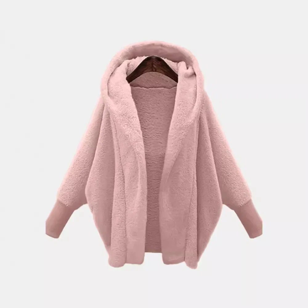 Women Autumn Winter Clothing Solid Color Long-sleeved Hooded Loose Plush Jacket Coat Warm Cardigan