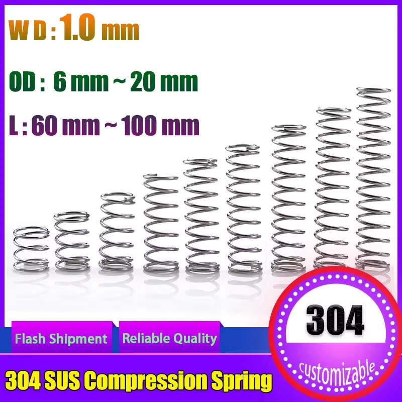 10 Pcs Wire Diameter 1.0 mm Compression Spring Return Compressed Pressure Springs  304 Stainless Steel Outside Diameter 6~20mm