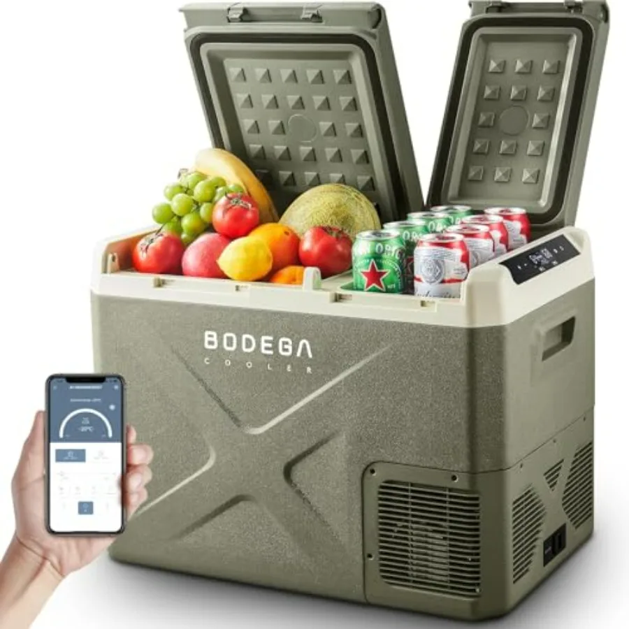 

Outdoor camping car fridge: 34-quart dual-zone portable freezer, aluminum alloy body, black, -4 to 68 temp range, 12/24V DC 100