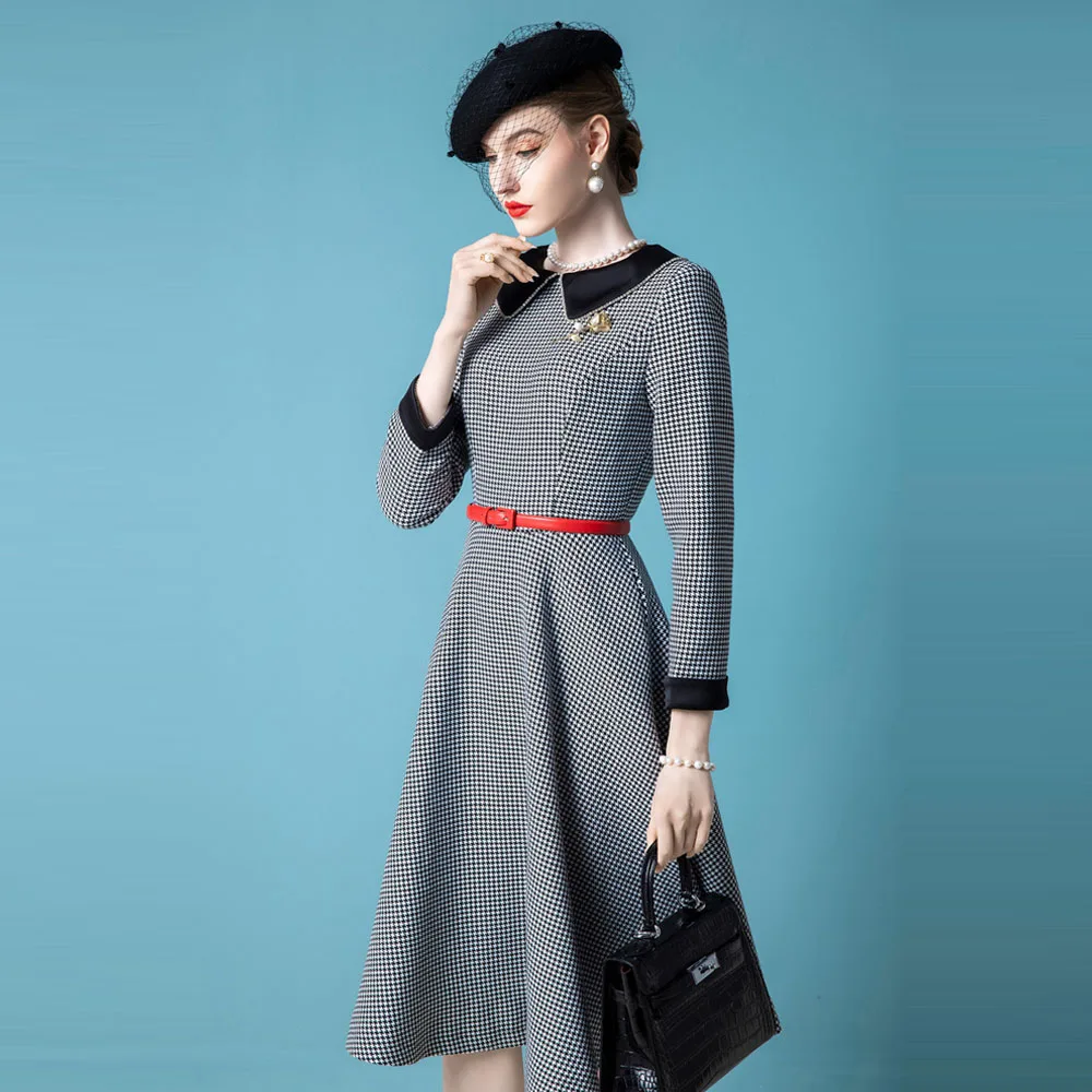 High End Dress Women\'s Autumn Winter New Retro Celebrity Doll Collar Temperament Swing Skirt