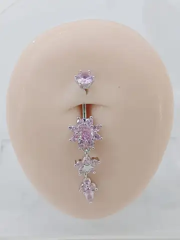 Charm Pink Zirconl Navel Rings 14G Titanium Barbell Long Drop Flower Dangle Belly Button Piercing Women Men Daily Travel Jewelry