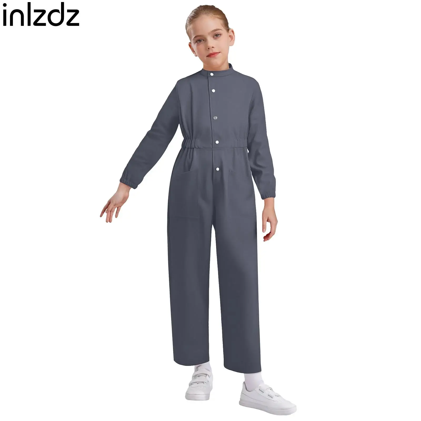 

Children Girls Solid Color Coveralls Mechanic Boiler Suit Kids School Flightsuit Long Sleeve Fashion Zipper Rompers with Pockets