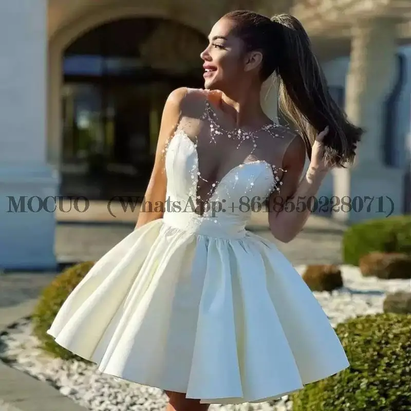 

Saudi Arabia Short Prom Dress Dubai Sheer Neck Pearls Mini Graduation Party Gowns Backless Above Knee Ruched A Line Formal Gown