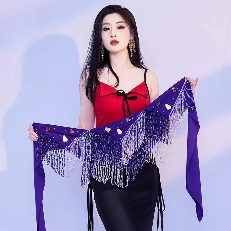 Cintura da performance di danza del ventre per donna, catena in vita, sciarpa sui fianchi, triangolo con frange, accessori per concorsi di danza orientale tribale