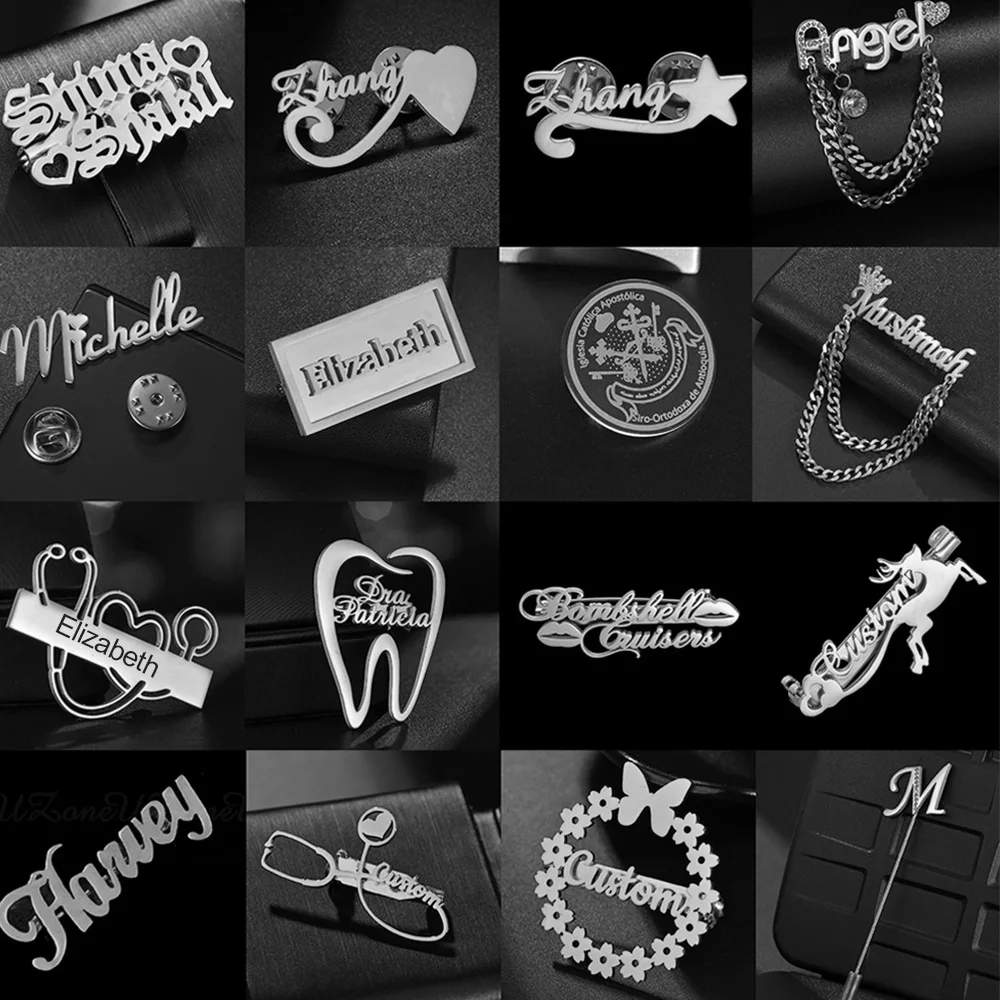 

Personalized Custom Name Multiple Styles Brooches Pins Stainless Steel Engrave Jewelry Set for Women Doctors Mother's Day Gifts