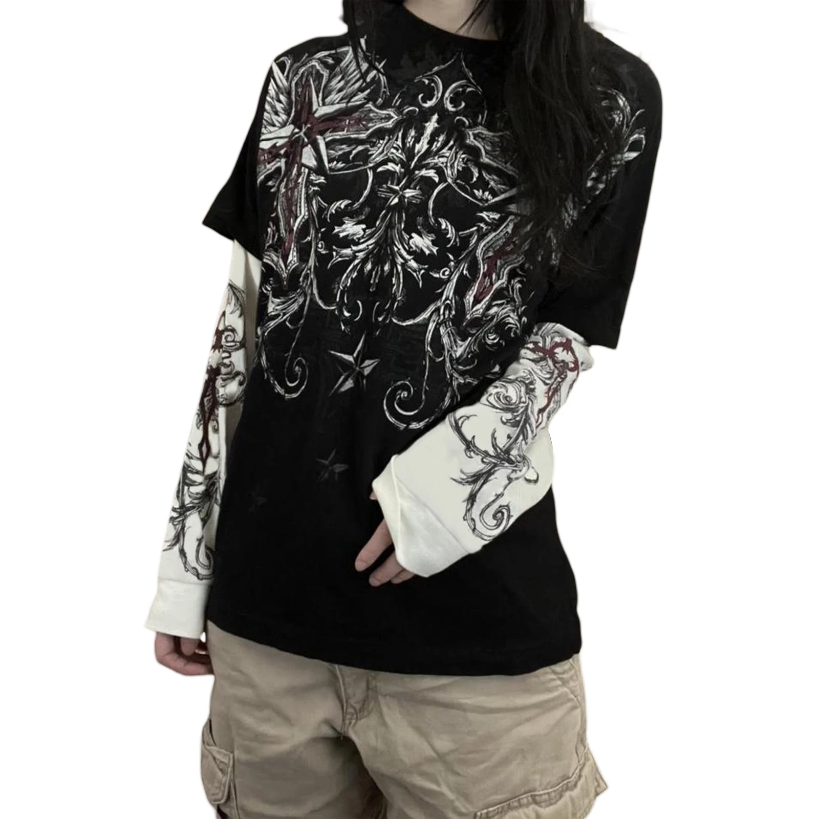 Mall Goth Y2K Aesthetics Grunge Tees Retro Heart Sword Print T Shirt Women Long Sleeve Slim Fit Sweats Tops 90s Vintage Clothes